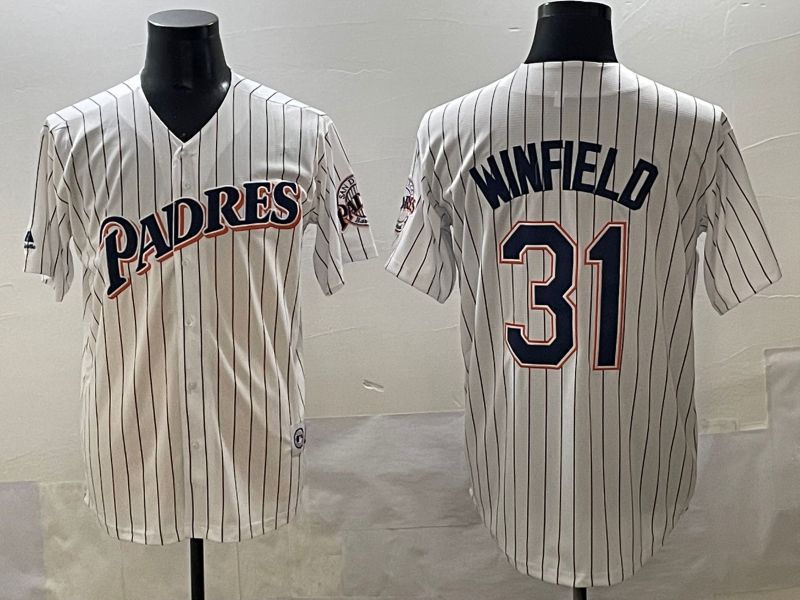 Men 2025 San Diego Padres 31 Winfield White Stripe Throwback Game Nike MLB Jersey style 1